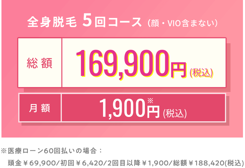 全身医療脱毛の都度払い,5回コースの料金プラン