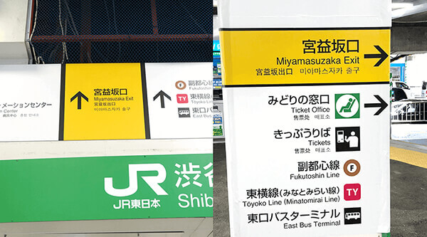 JR渋谷駅改札を出たら見える黄色の「宮益坂口」の看板